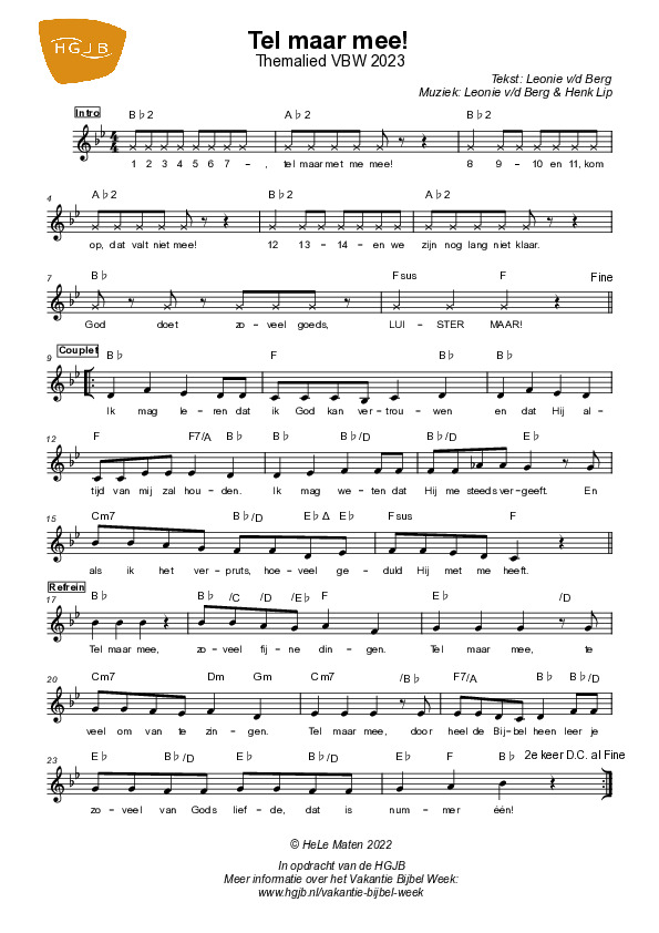 Tel maar mee Themalied - Bladmuziek